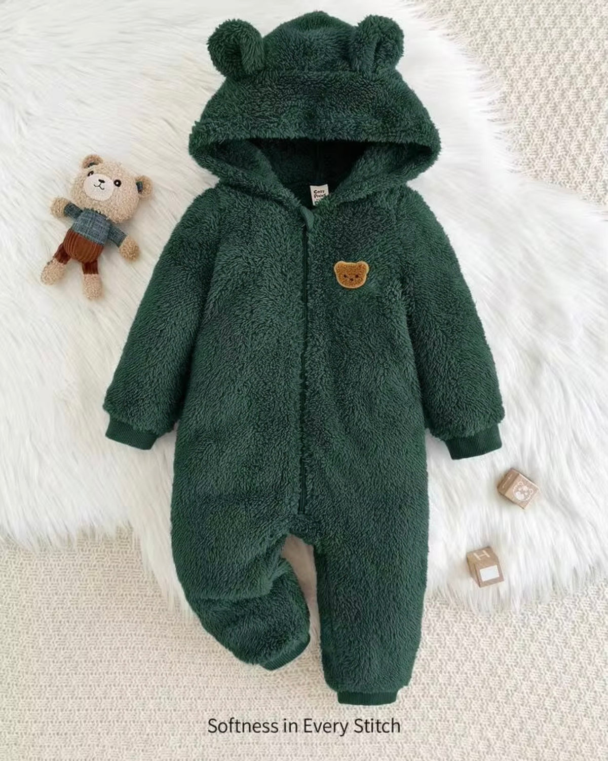 Baby Unisex Green Hooded Jumpsuit