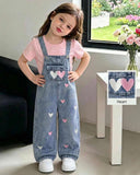 Girls Pink and White Heart Embroidered Denim Overalls – Loose Straight Leg Cotton Jumpsuit