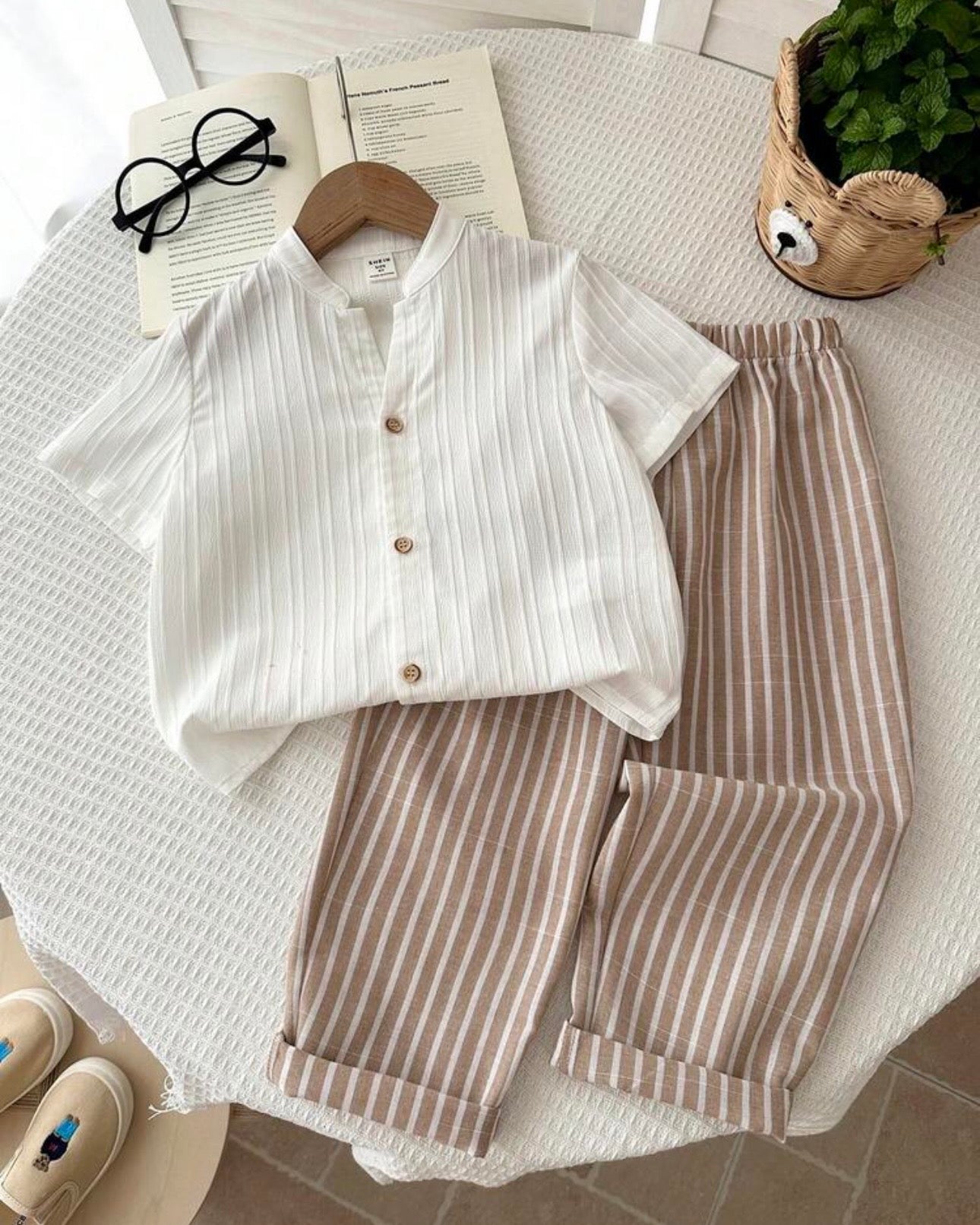 Boys 2-Piece Shirt & Striped Pants Set – Smart Casual Summer Outfit