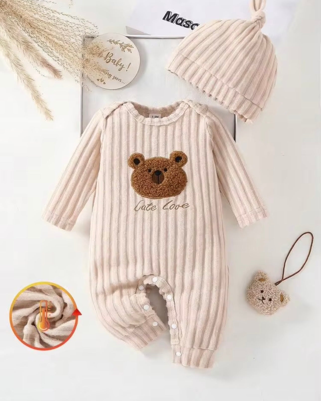 Newborn Baby Unisex Jumpsuit Set – Bear Embroidery Long-Sleeve Romper With Hat