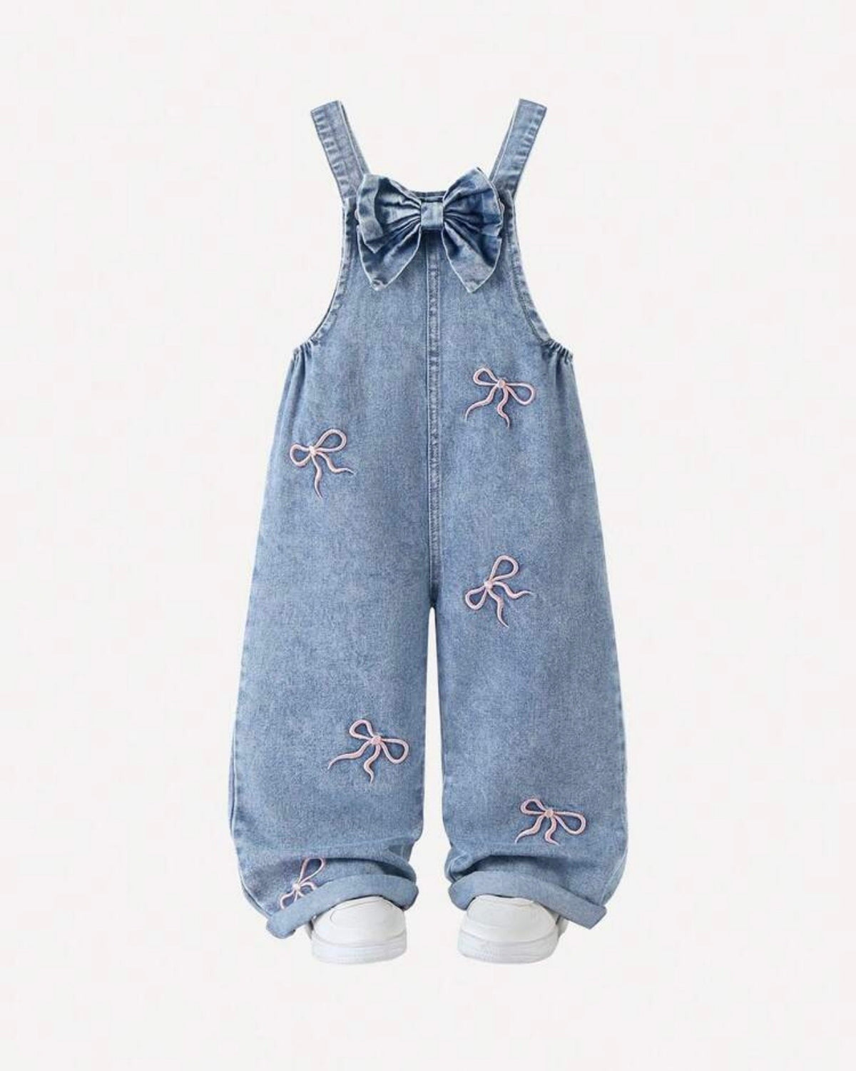 Girls Medium Blue Denim Bib Overalls with Pink Bow Embroidery & Large Bow