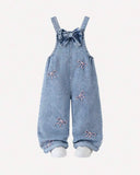 Girls Medium Blue Denim Bib Overalls with Pink Bow Embroidery & Large Bow