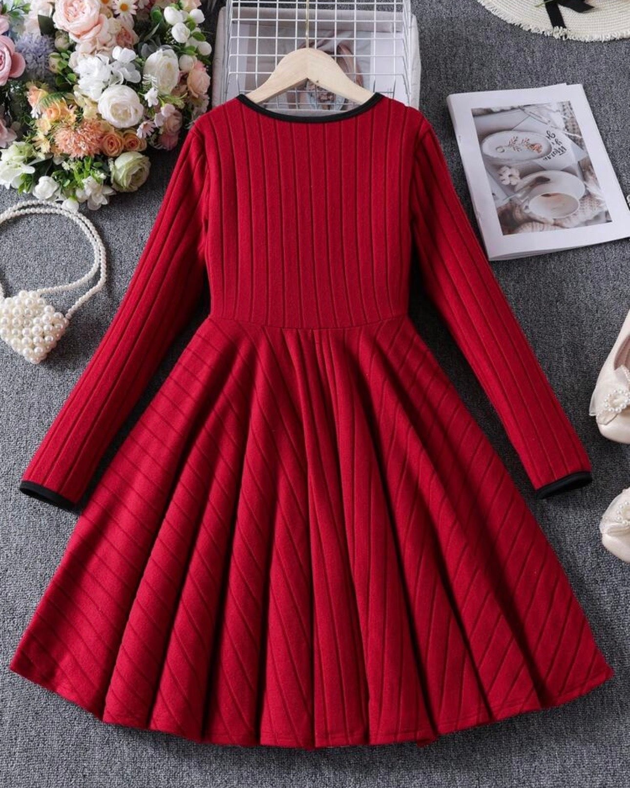 Girls Elegant Bow Collar Long Sleeve Dress
