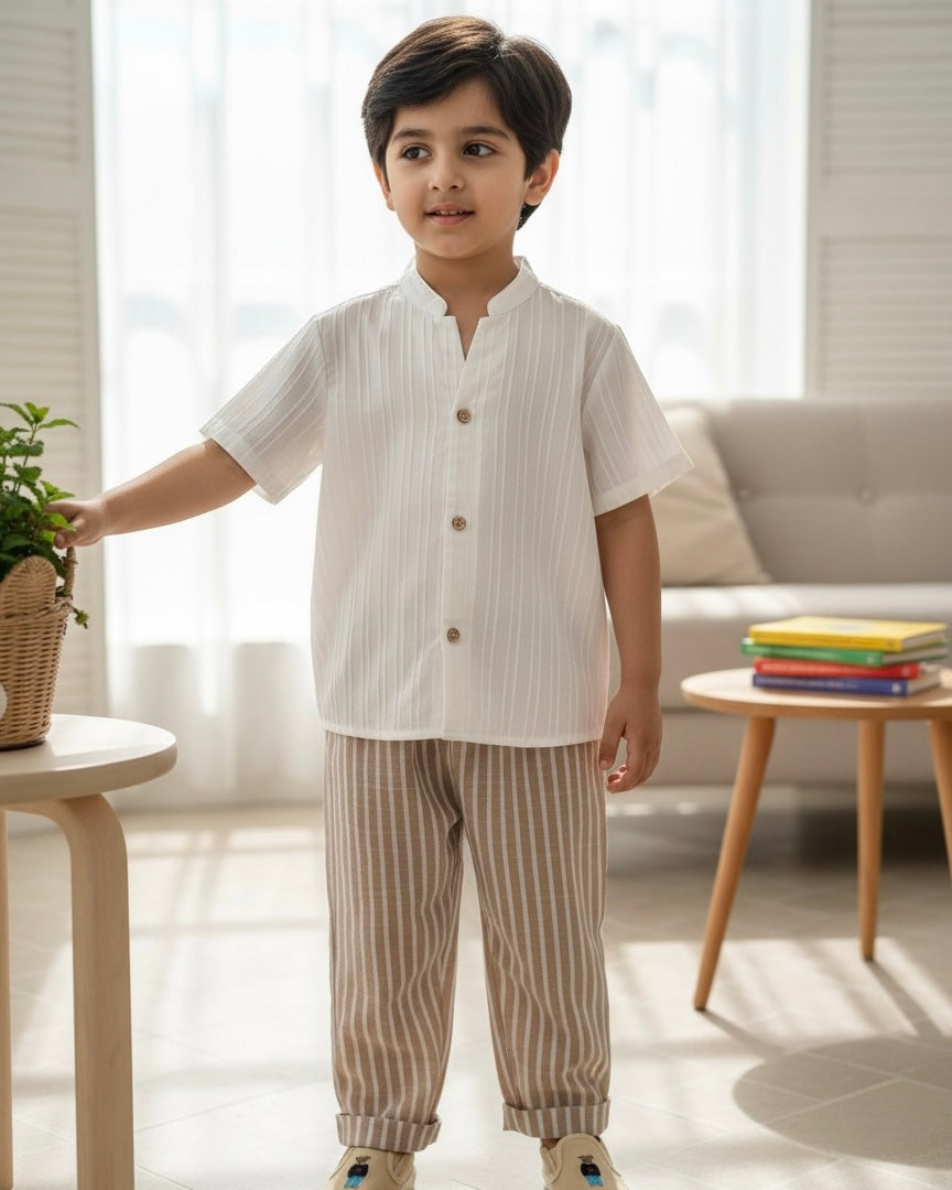 Boys 2-Piece Shirt & Striped Pants Set – Smart Casual Summer Outfit