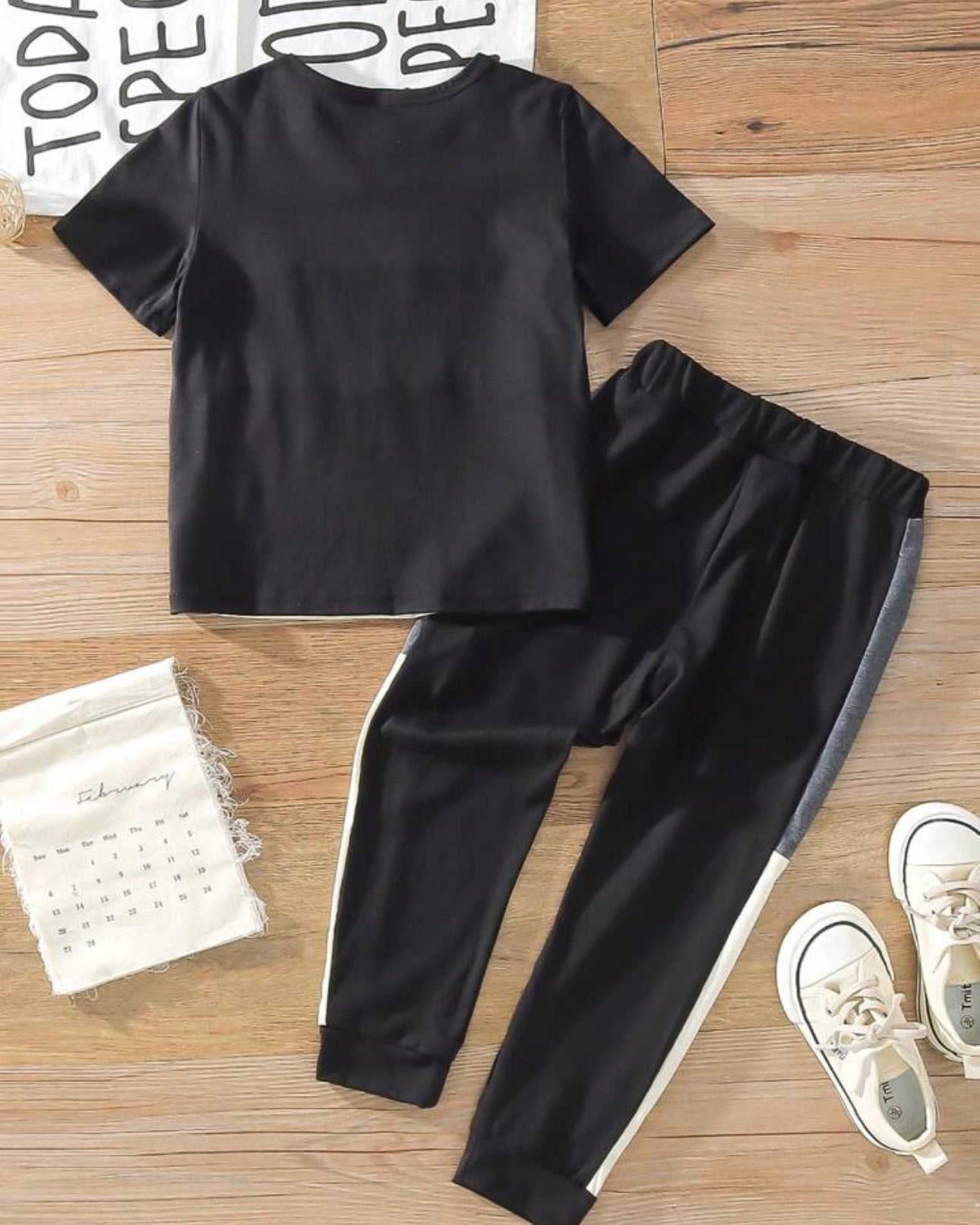Grey & Black Colorblock Round Neck Short Sleeve T-Shirt And Long Pants Set