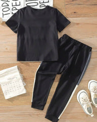 Grey & Black Colorblock Round Neck Short Sleeve T-Shirt And Long Pants Set