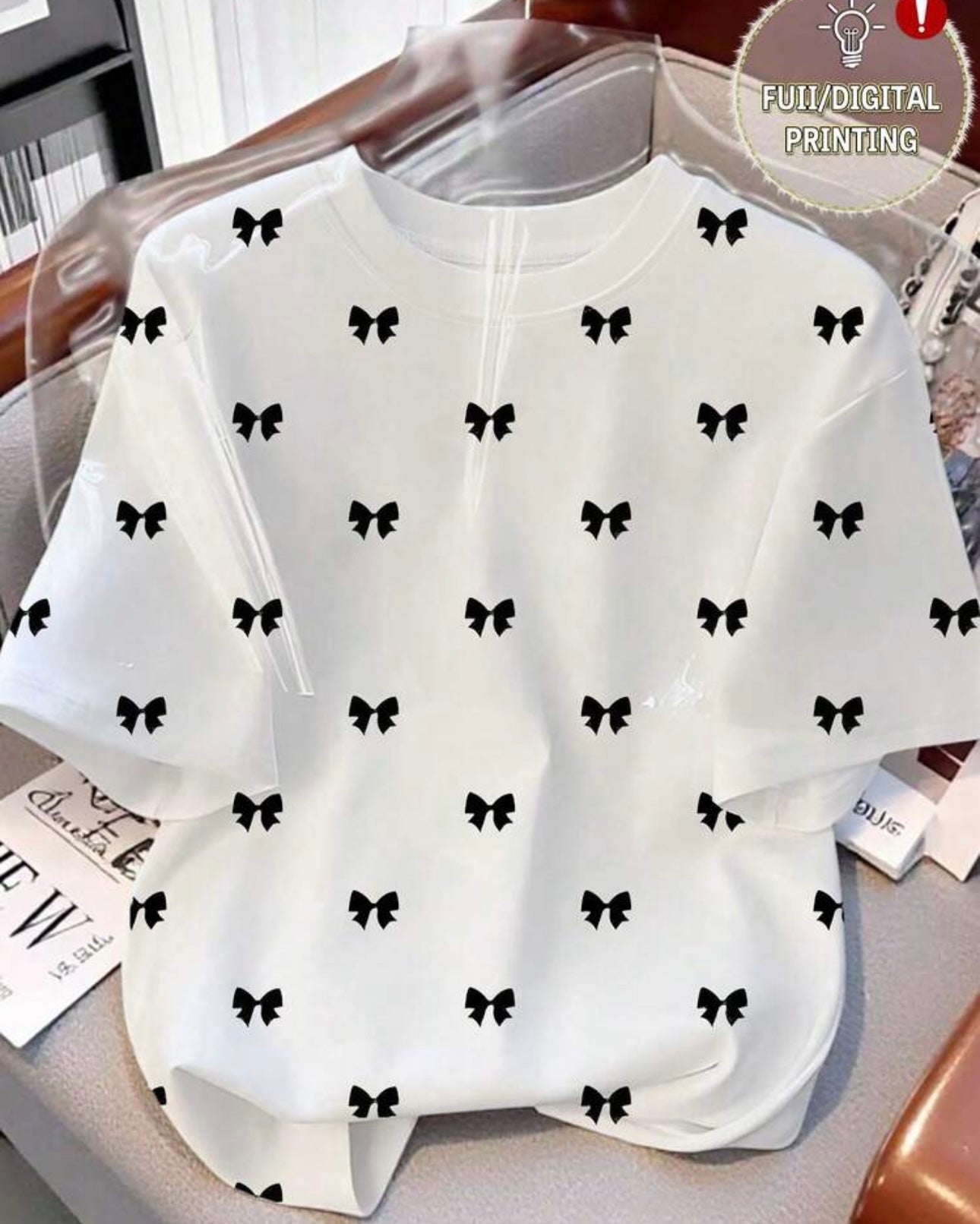 Women's Black Bow Print Half Sleeve T-Shirt