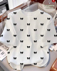 Women's Black Bow Print Half Sleeve T-Shirt