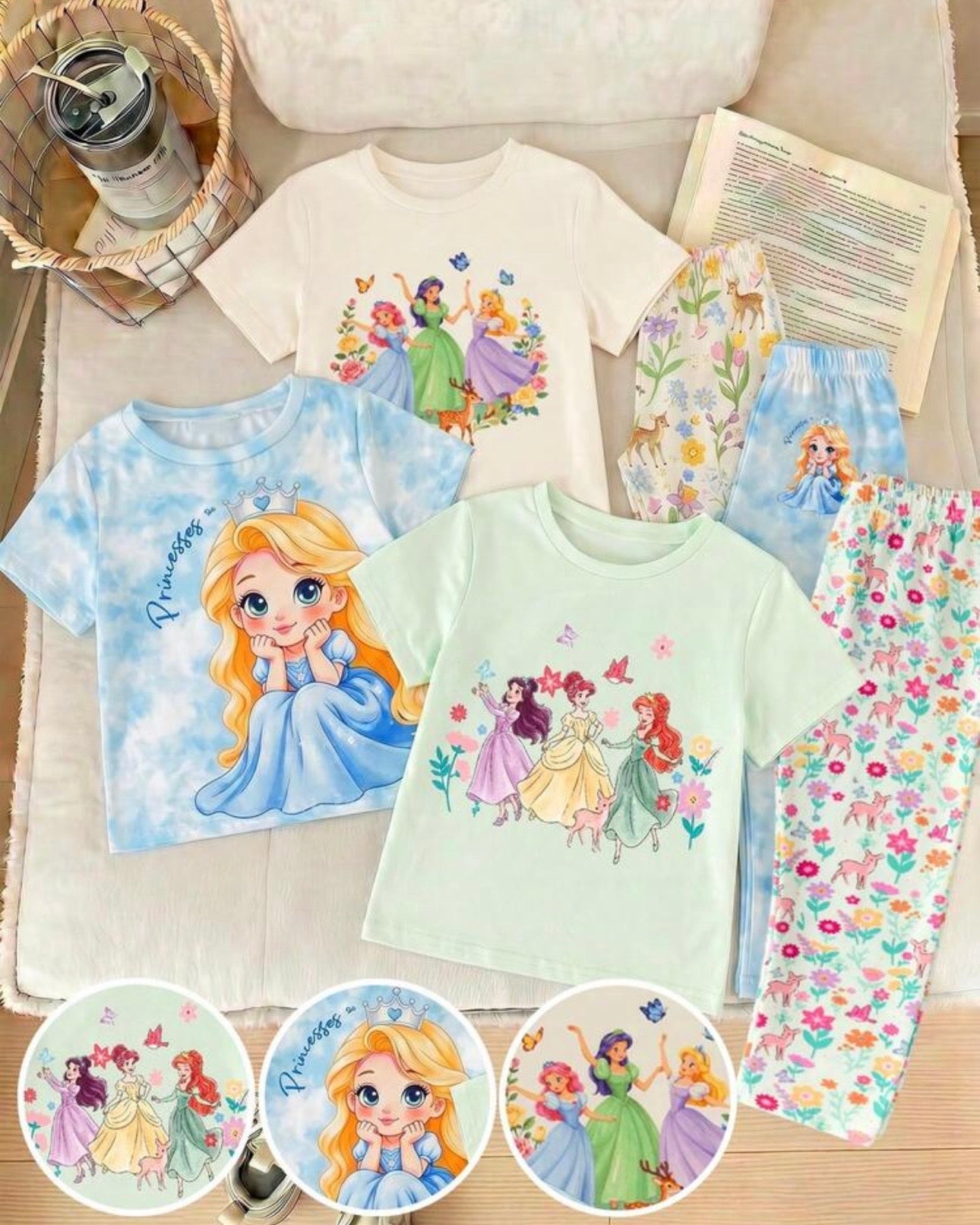 3pc Young Girls Princess Print T-Shirt & Leggings Set