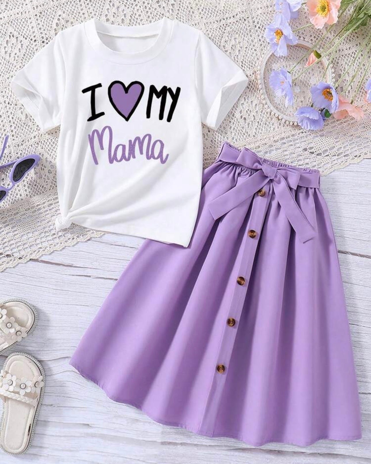 Mama Printed Short Sleeve T-Shirt And Elastic Waist Skirt