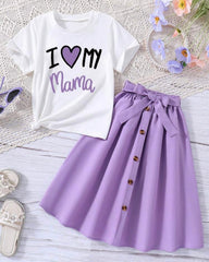 Mama Printed Short Sleeve T-Shirt And Elastic Waist Skirt
