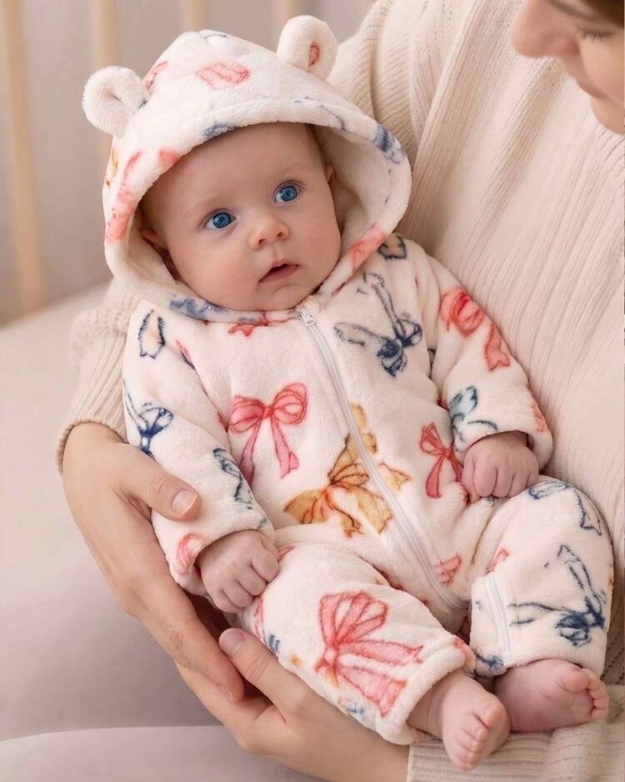 Bowknot Double-Sided Plush Baby Hooded Romper