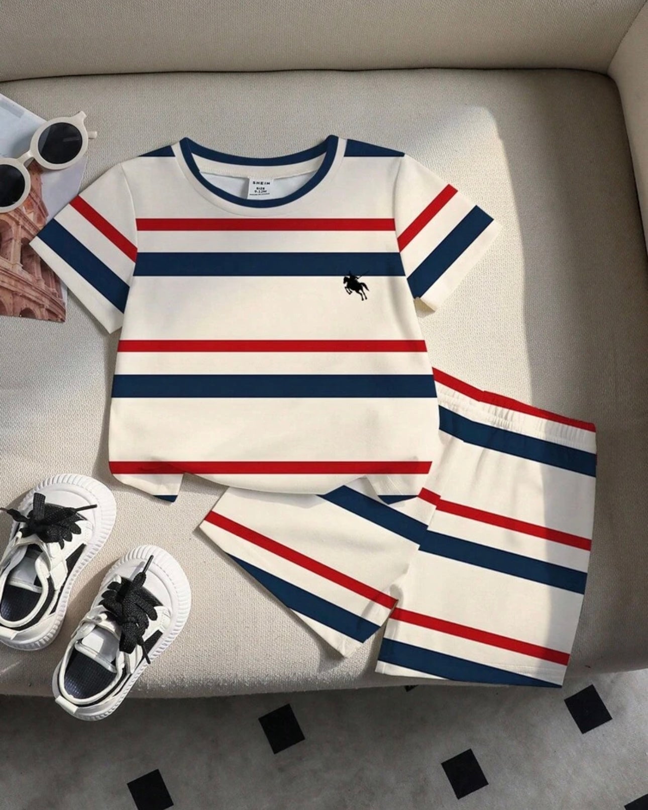 Baby Boys Contrast White and Red Stripe T-Shirt & Shorts Set – 2PCS Casual Summer Outfit
