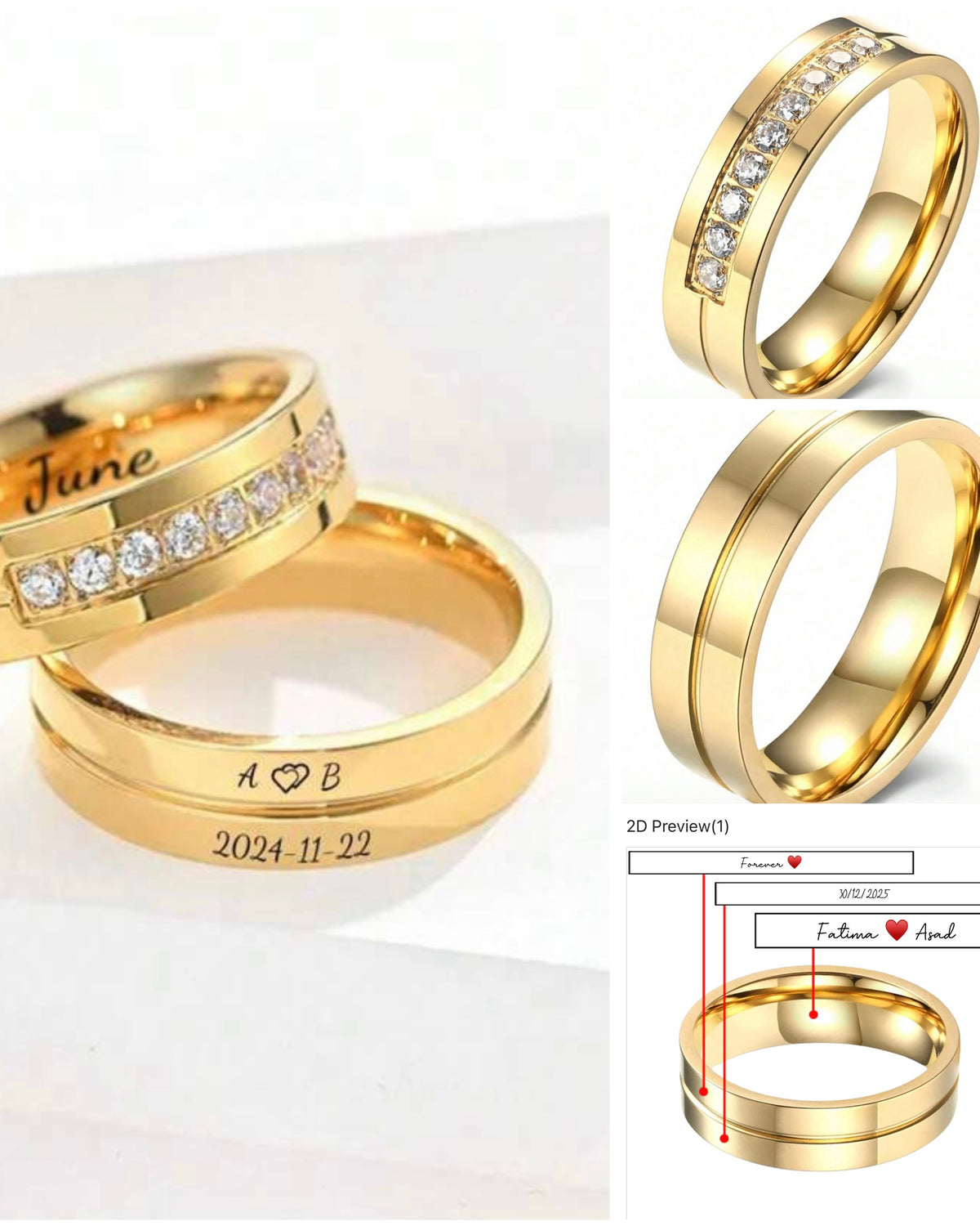 Custom Golden Premium Quality Inner and Outer Engraved Couple Rings