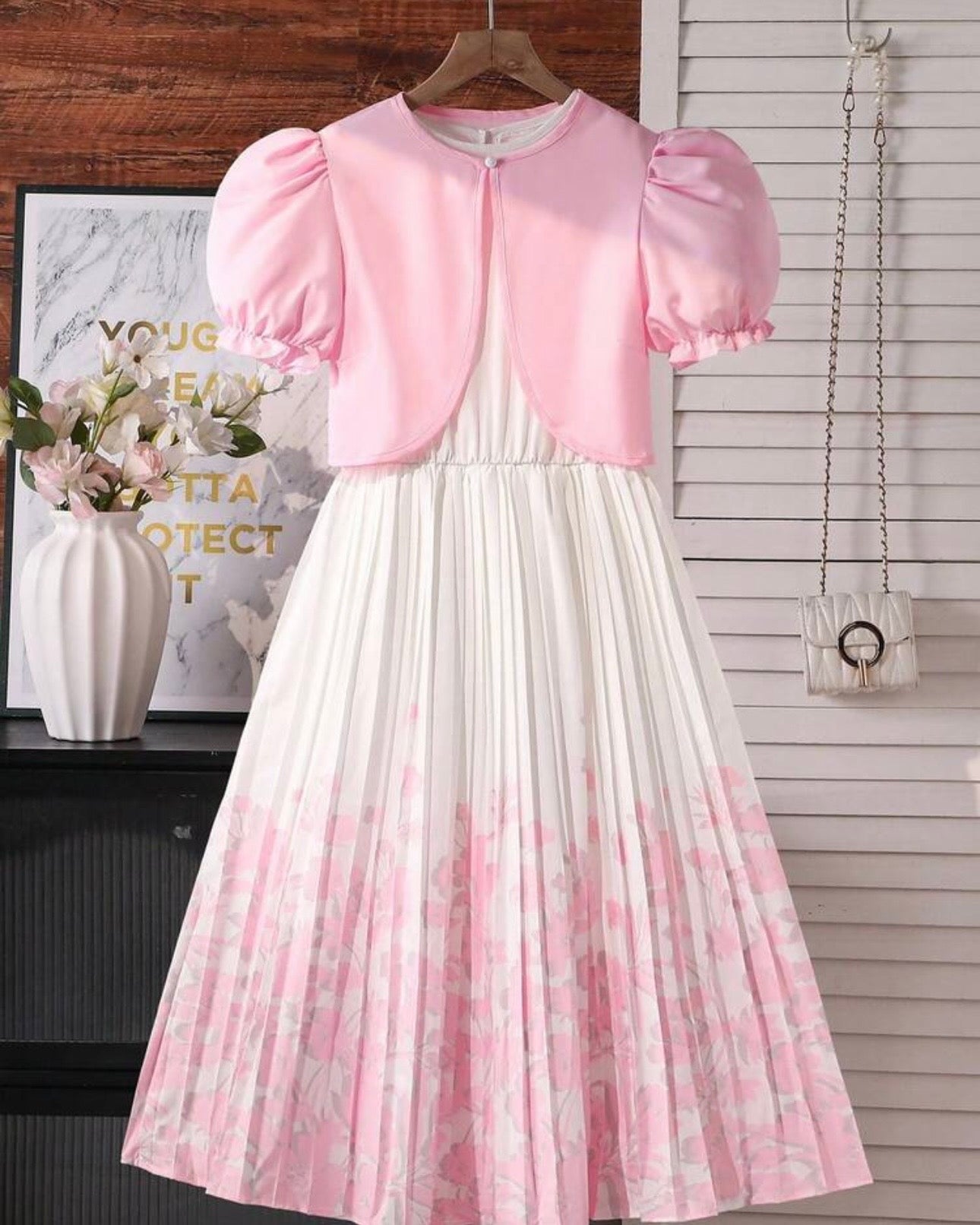 Teen Girls 2-Piece Pink Floral Print Pleated Dress & Cardigan Set