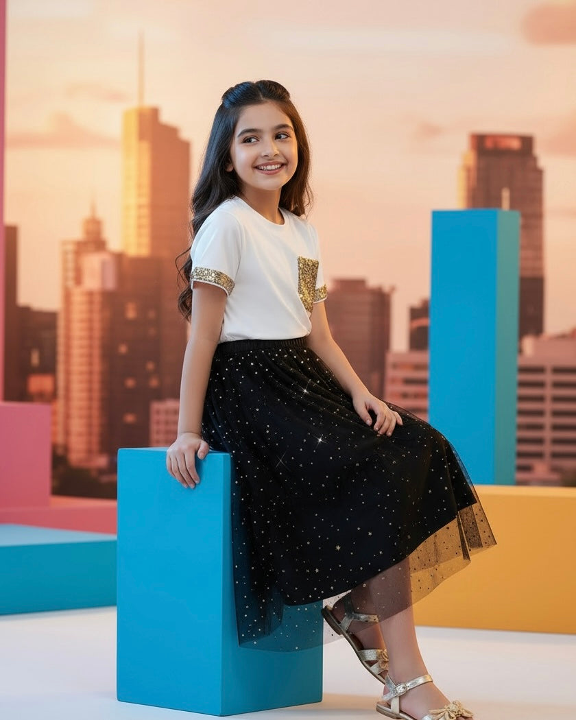 2pcs Tween Girl Beaded Decor Round Neck Short Sleeve T-Shirt And Black Elegant Mesh Sequin Skirt