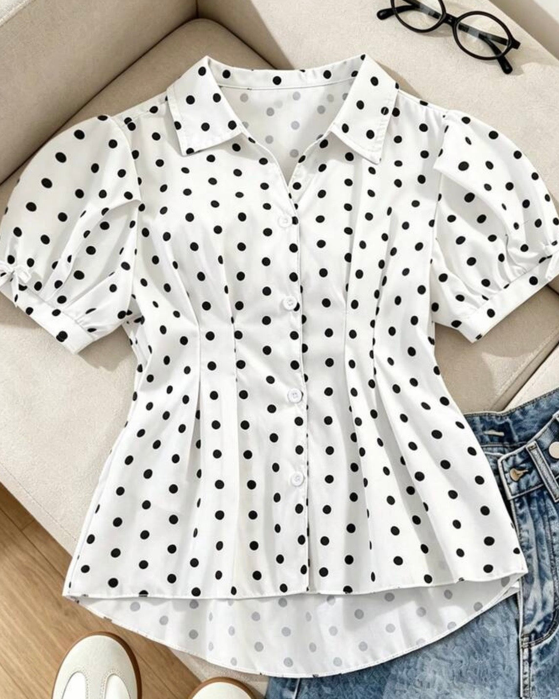 Girls White & Black Polka Dot Button-Down Collared Shirt