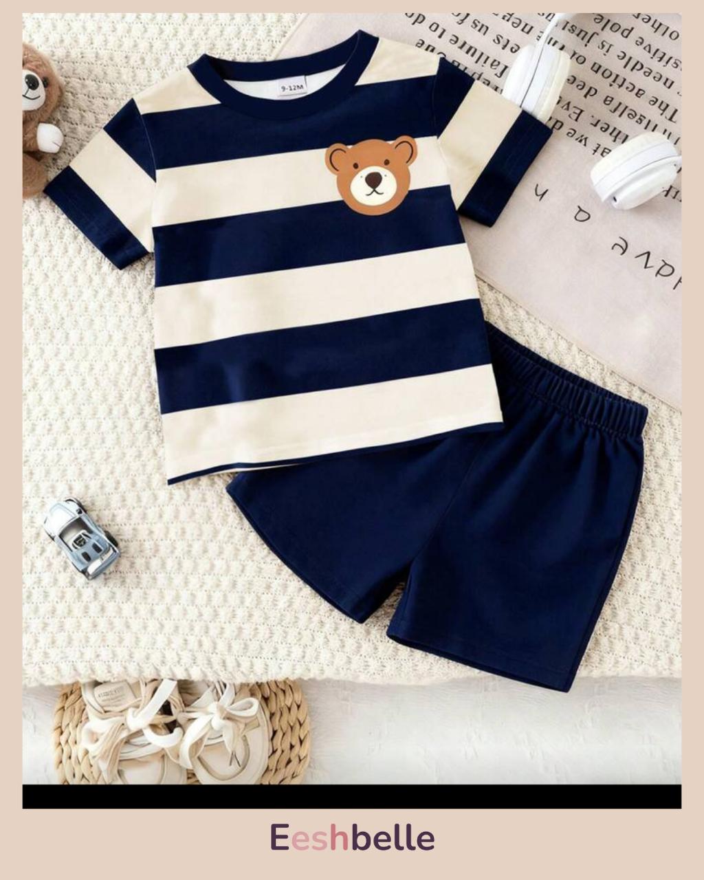Baby Boy Striped Round Neck Shirt and Shorts Set