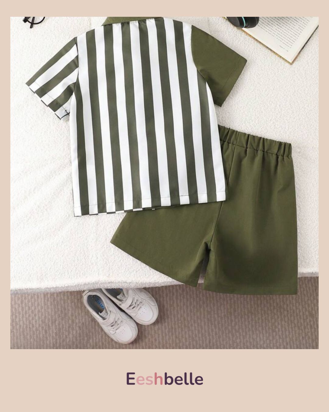 2pcs Young Boy Colorblock Striped Short Sleeve Shirt & Shorts Outfit