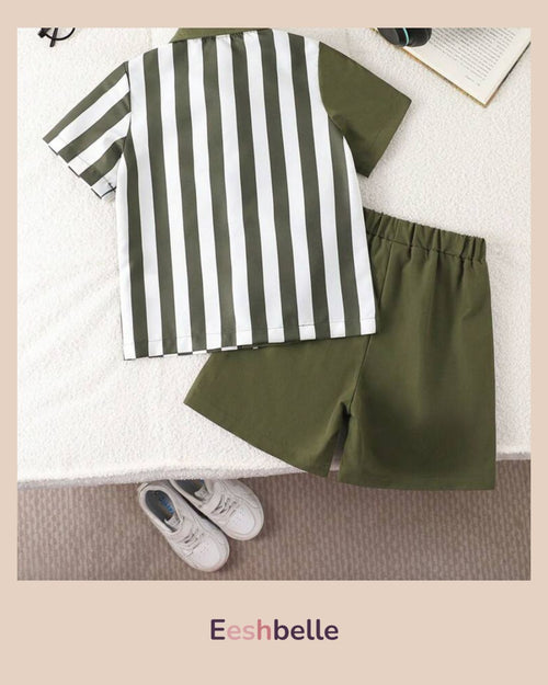 2pcs Young Boy Colorblock Striped Short Sleeve Shirt & Shorts Outfit