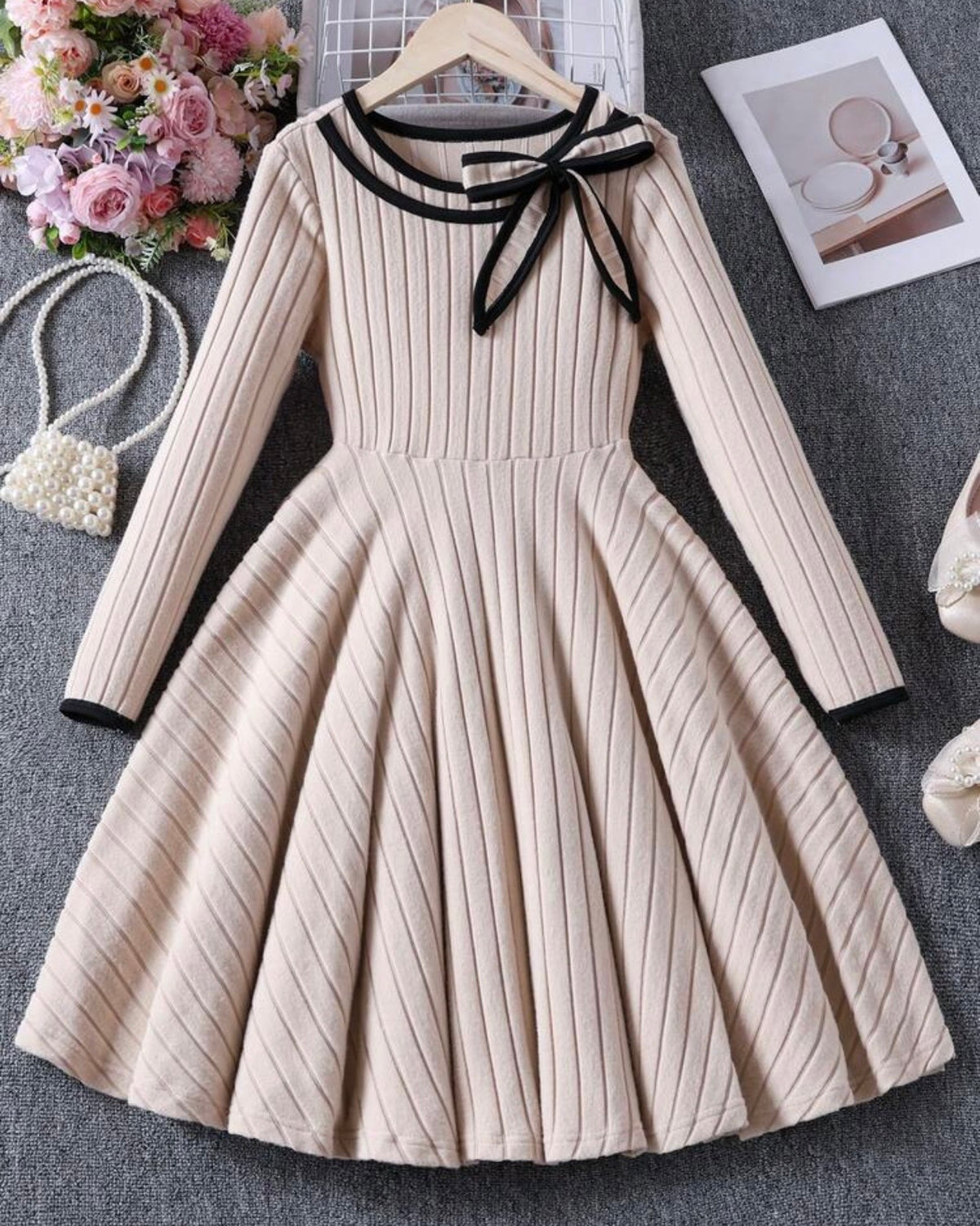 Girls Elegant Bow Collar Long Sleeve Dress