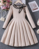 Girls Elegant Bow Collar Long Sleeve Dress