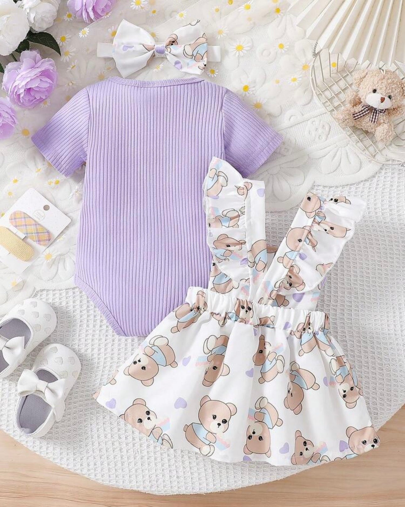 3pcs Baby Girls Purple Ribbed Romper & Ruffled Overall Dress Set with Bow Headband