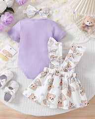 3pcs Baby Girls Purple Ribbed Romper & Ruffled Overall Dress Set with Bow Headband