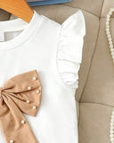 Girls 2-Piece 3D Beige Bow Beaded Outfit Set – Cap Sleeve Top & Beaded Slit Shorts