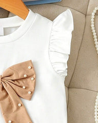 Girls 2-Piece 3D Beige Bow Beaded Outfit Set – Cap Sleeve Top & Beaded Slit Shorts