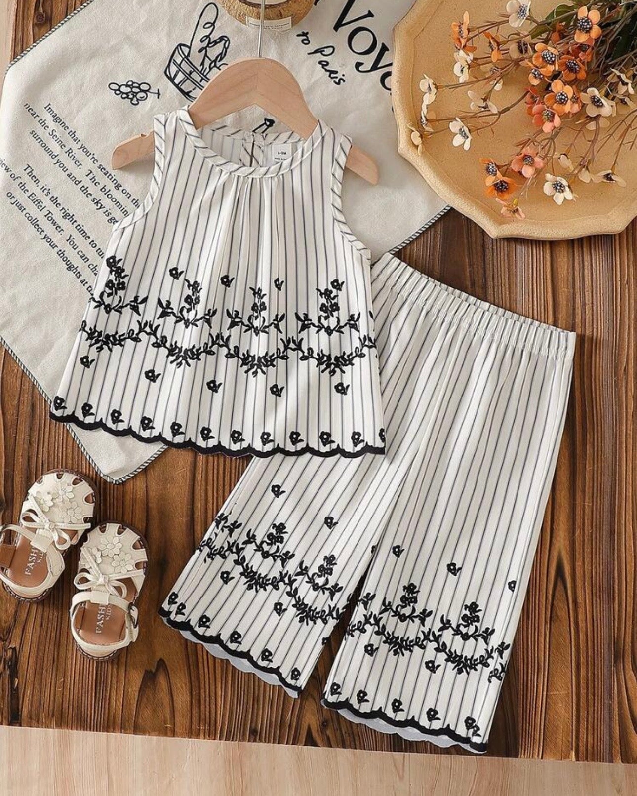 Baby Girls Sleeveless Co-Ord Set – Printed Embroidered Hem Top & Wide-Leg Pants
