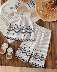 Baby Girls Sleeveless Co-Ord Set – Printed Embroidered Hem Top & Wide-Leg Pants