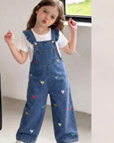 Girls Heart Embroidered Denim Overalls – Wide Leg Jumpsuit