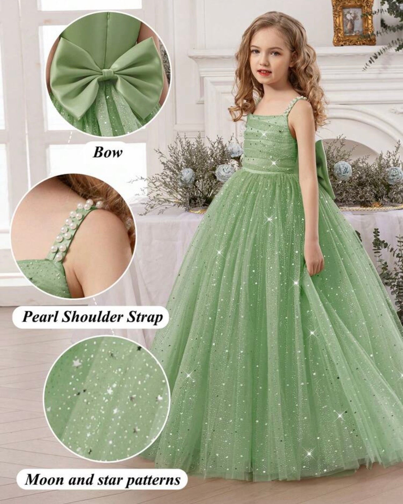 Girls Pearl Strap Star Mesh Bow Mint Green Princess Dress