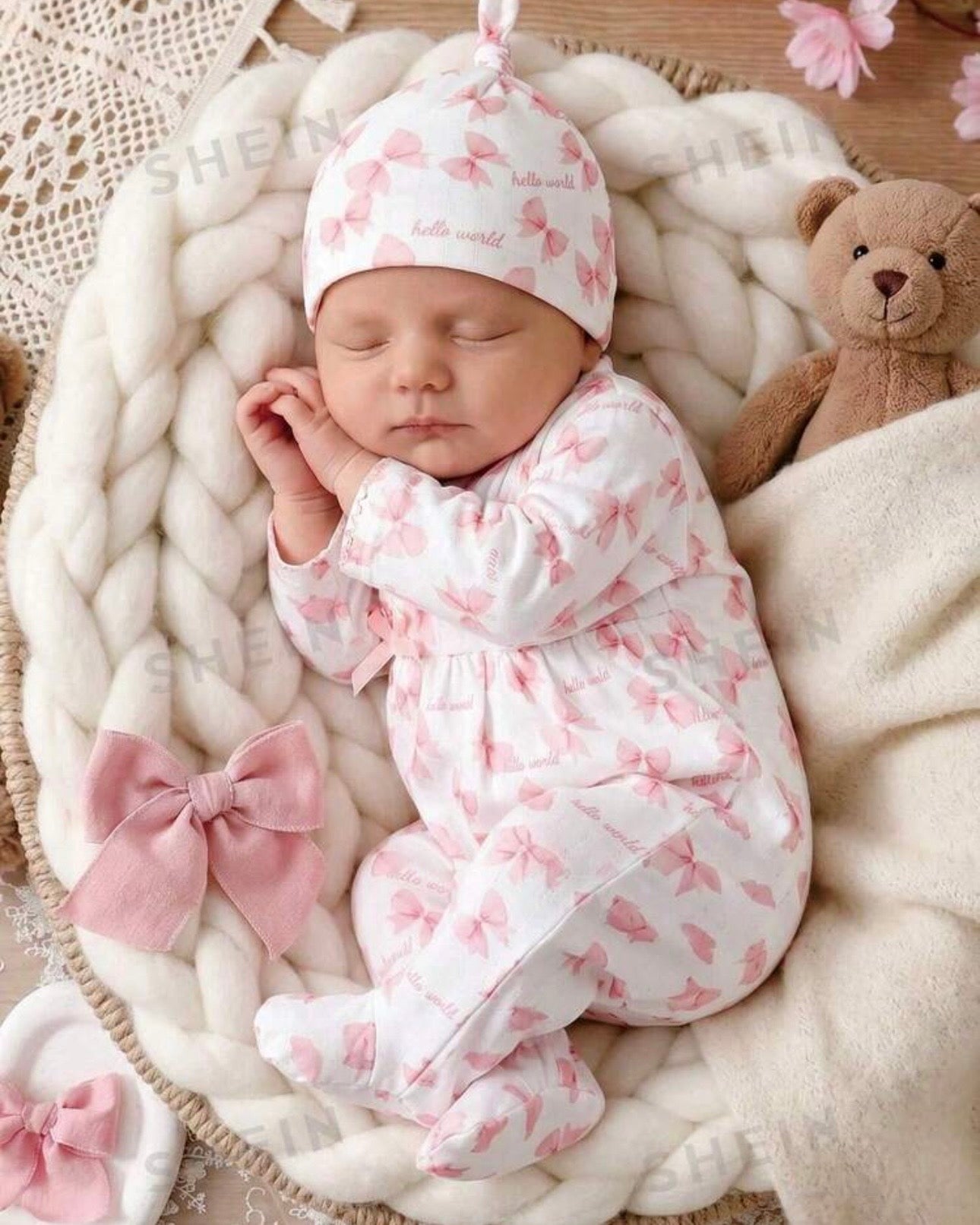 Newborn Baby Girl Pink Bow Print Ribbed Knit Footed Romper Set