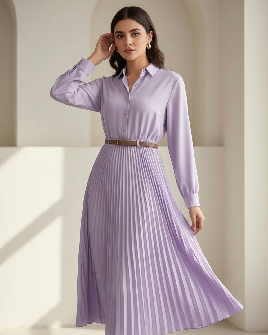 Solid Color Long Sleeve Shirt Paired With A-Line Skirt, Pleated Skirt Comes With Belt