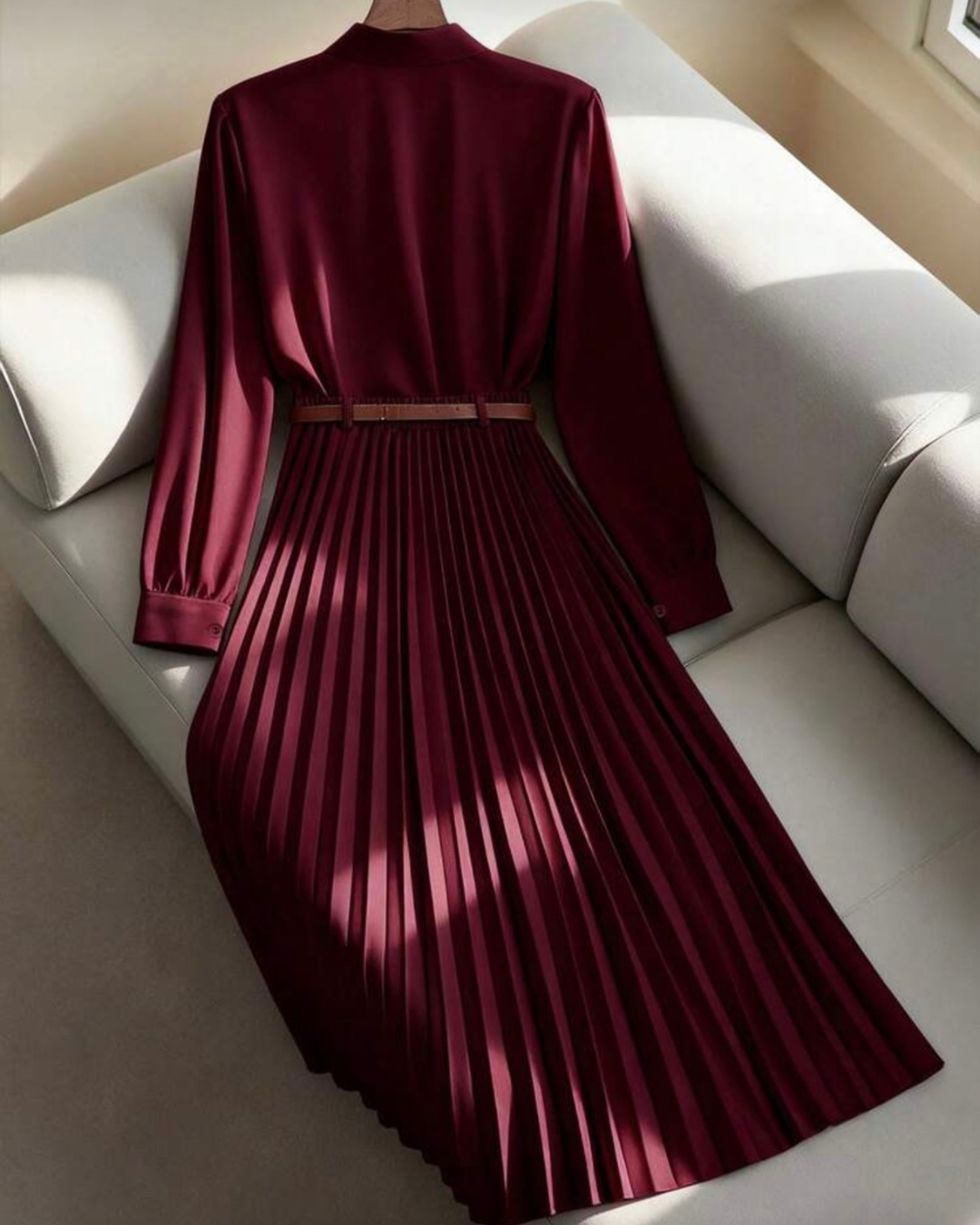 Solid Color Long Sleeve Shirt Paired With A-Line Skirt, Pleated Skirt Comes With Belt
