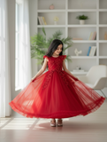 Girls’ Long Red Embroidered Princess Wedding Dress
