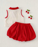Baby Girls’ Red & White Striped Polo Collar Top with Ruffle Shorts Set