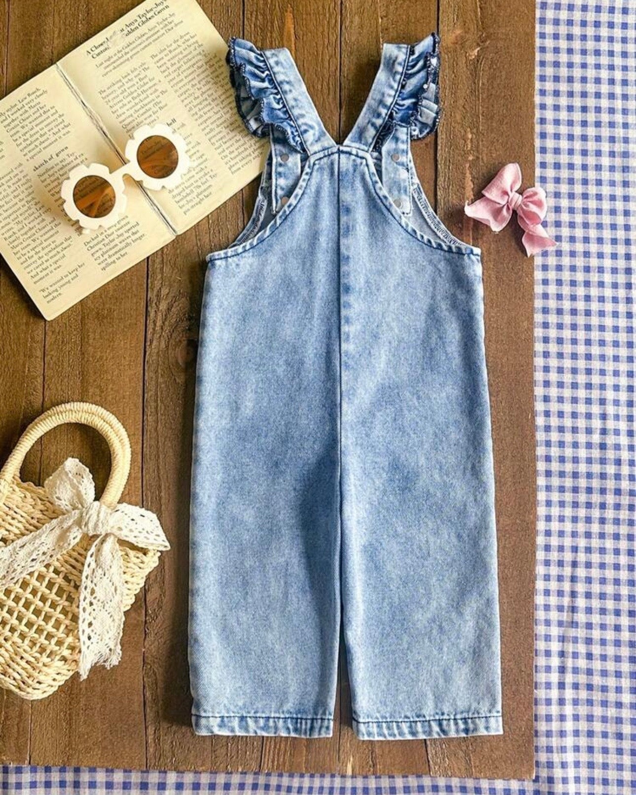 Girls Pink And White Bow Embroidered Denim Jumpsuit