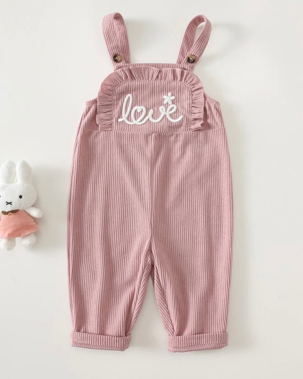 Baby Girl Pink Corduroy Letter Embroidered Ruffle Trim Ribbed Texture Overalls