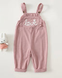 Baby Girl Pink Corduroy Letter Embroidered Ruffle Trim Ribbed Texture Overalls