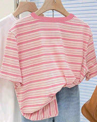 Pink Striped Digital Print & Heart Embroidery Regular Crew Neck T-Shirt