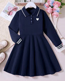 Long Sleeves Blue Polo Collar Casual Dress