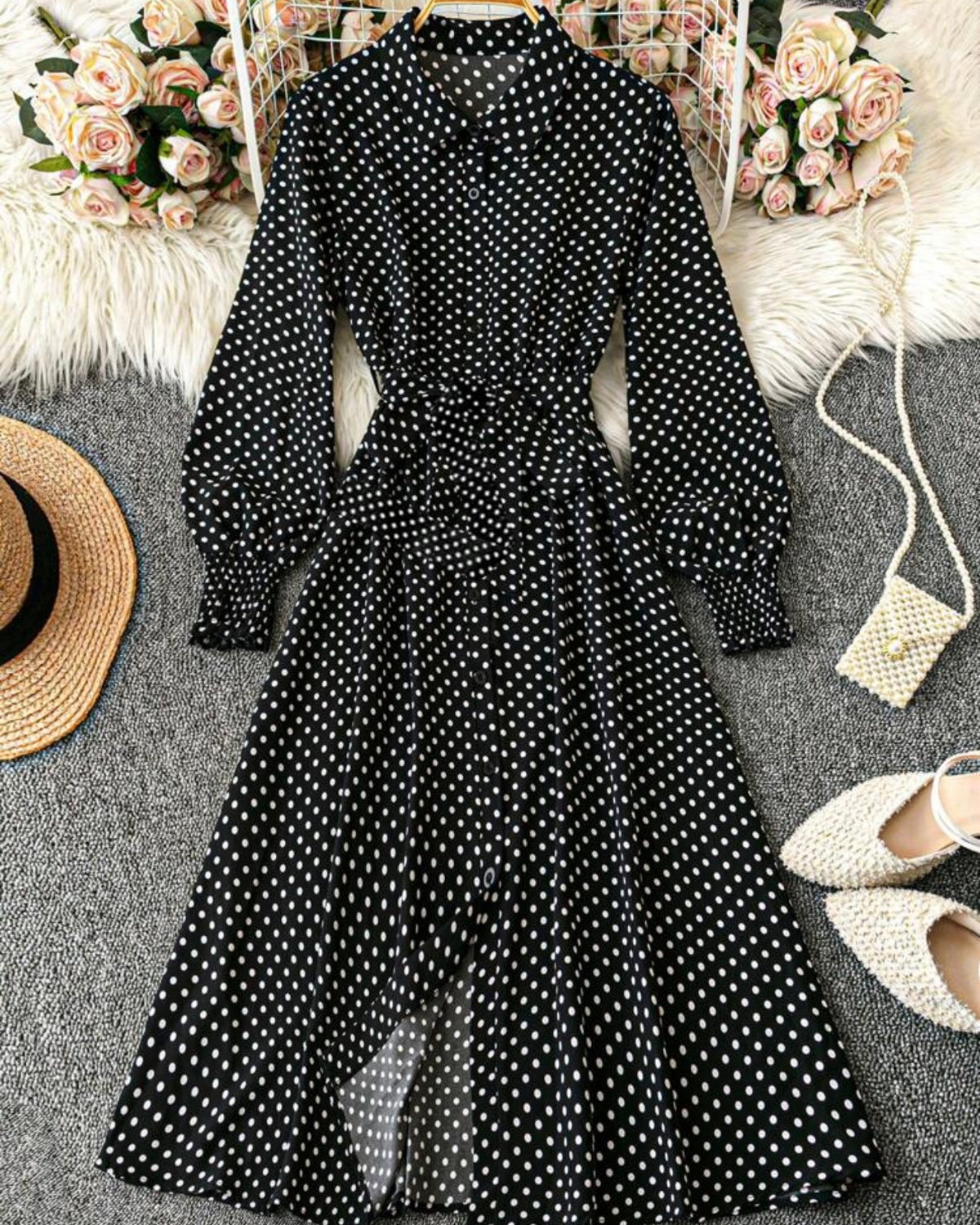 Polka Dot Print Lantern Sleeve Belted Shirt Dress Maxi Women Outfit Fall Cloth For Women