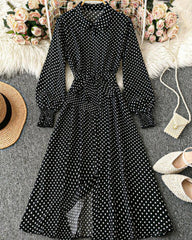Polka Dot Print Lantern Sleeve Belted Shirt Dress Maxi Women Outfit Fall Cloth For Women
