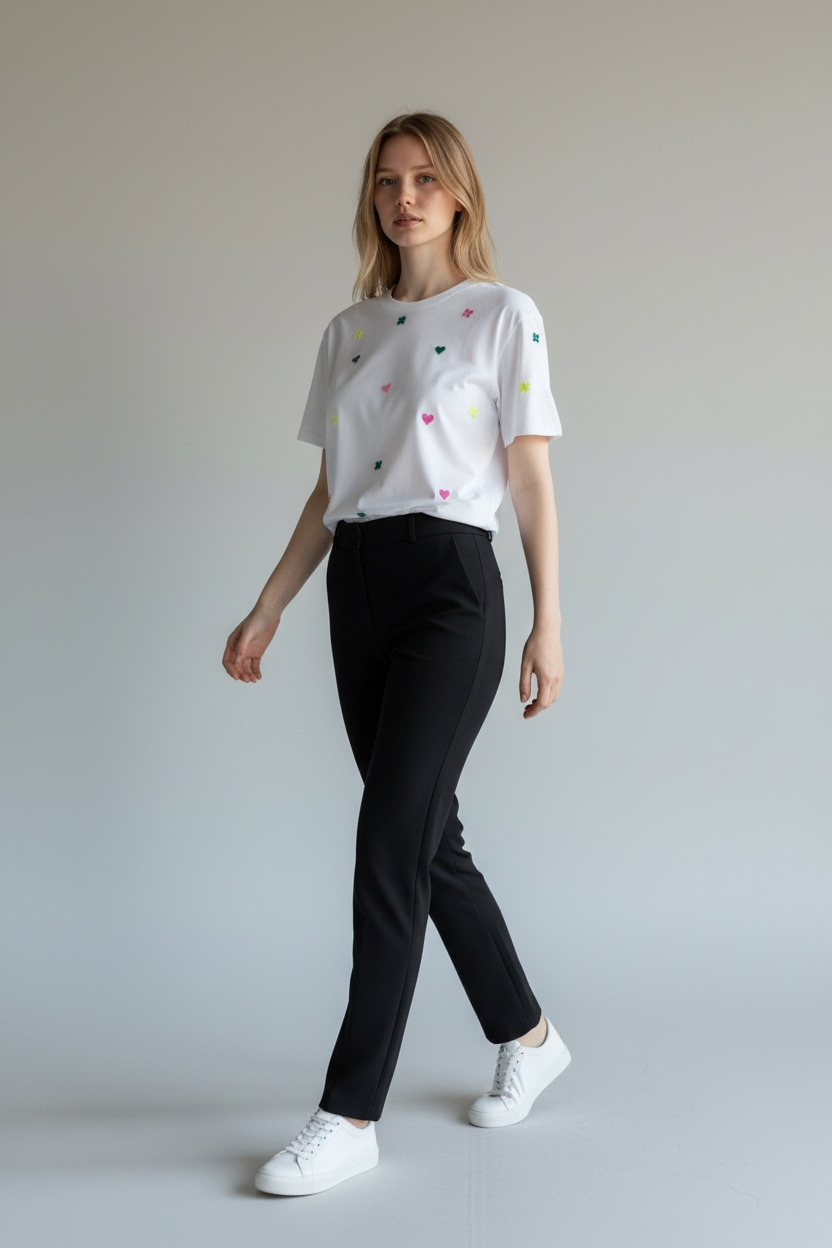 Women Contrast Color Round Neck Heart Print T-Shirt