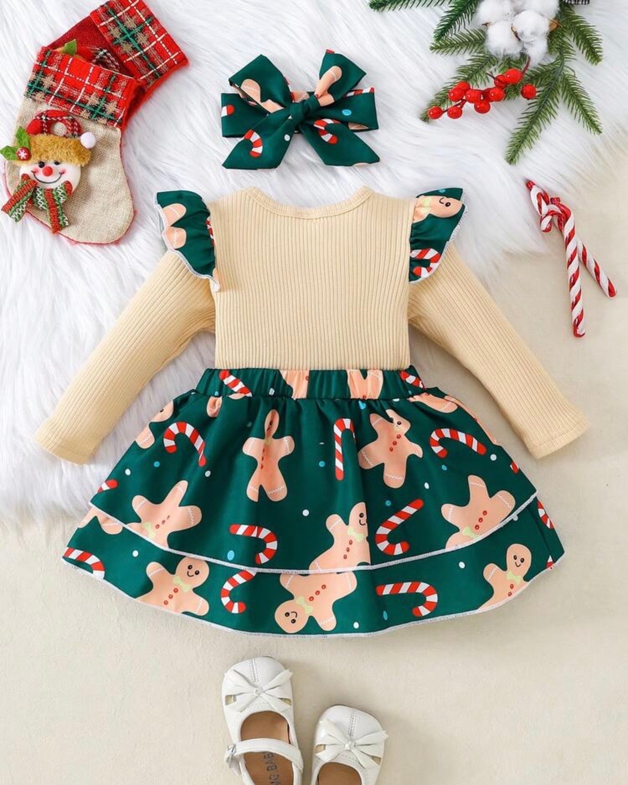 Baby Girl Christmas Gingerbread Print Dress 2 Pieces Set