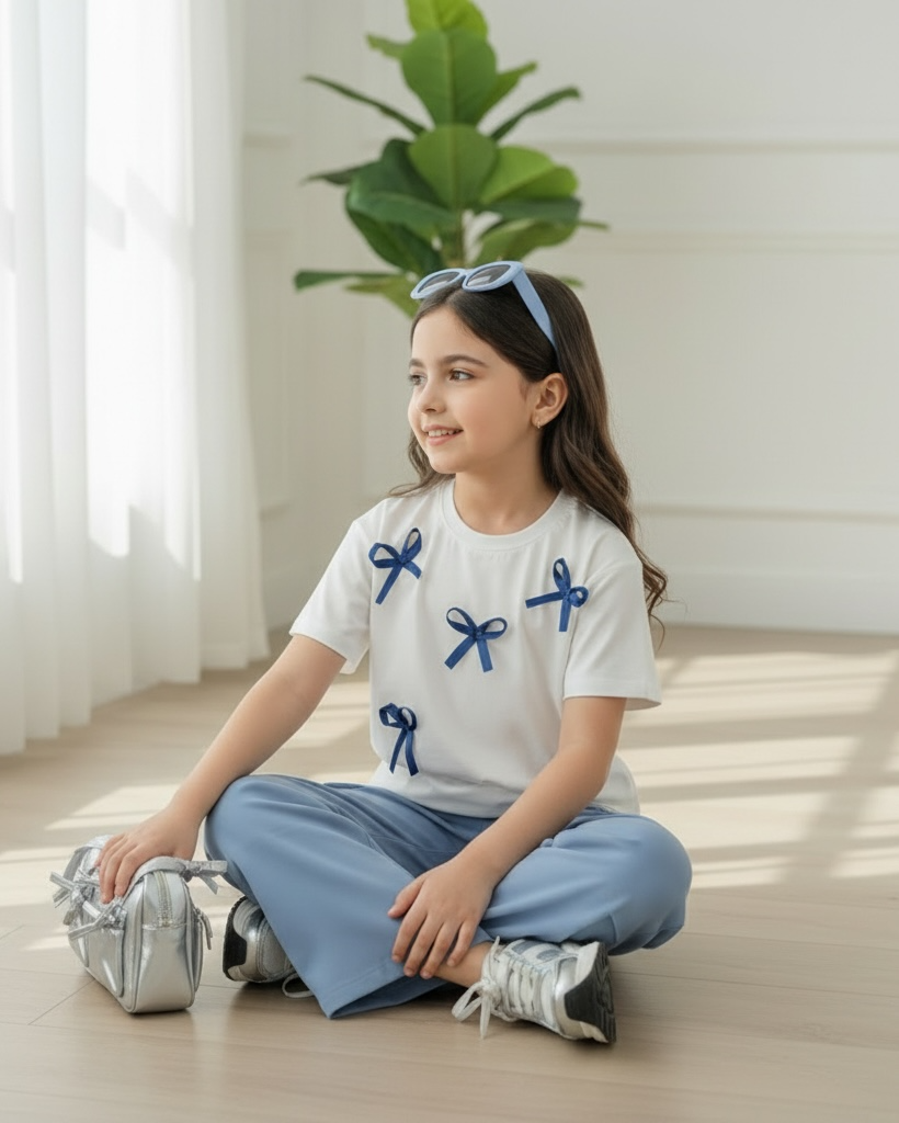 Tween Girl 3D Bow Short Sleeve Top And Cargo Pants Set