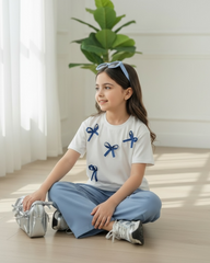 Tween Girl 3D Bow Short Sleeve Top And Cargo Pants Set